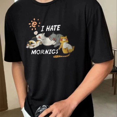 Erkek Baskılı T-Shirt Kısa Kol Bisiklet Yaka Regular Fit Rahat Kalıp Günlük Tişört - Siyah