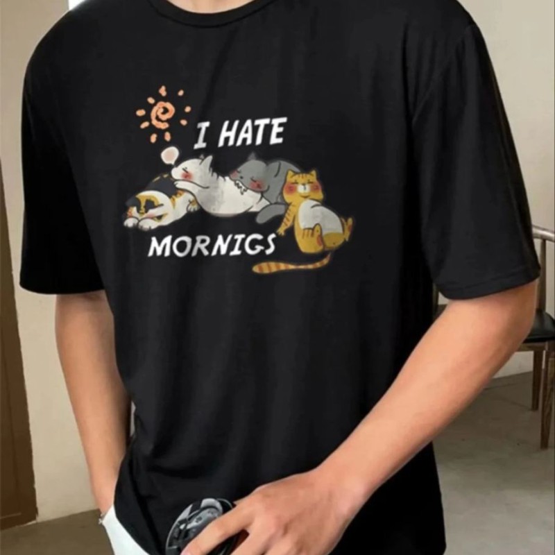 Erkek Baskılı T-Shirt Kısa Kol Bisiklet Yaka Regular Fit Rahat Kalıp Günlük Tişört - Siyah