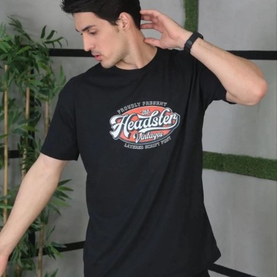 Erkek Baskılı T-Shirt Kısa Kol Bisiklet Yaka Regular Fit Rahat Kalıp Günlük Tişört - Siyah