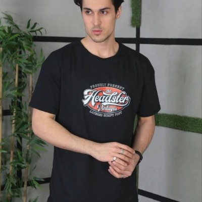 Erkek Baskılı T-Shirt Kısa Kol Bisiklet Yaka Regular Fit Rahat Kalıp Günlük Tişört - Siyah