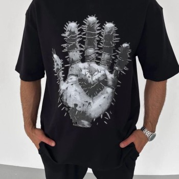 Erkek Baskılı T-Shirt Kısa Kol Bisiklet Yaka Regular Fit Rahat Kalıp Günlük Tişört - Siyah