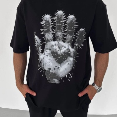 Erkek Baskılı T-Shirt Kısa Kol Bisiklet Yaka Regular Fit Rahat Kalıp Günlük Tişört - Siyah
