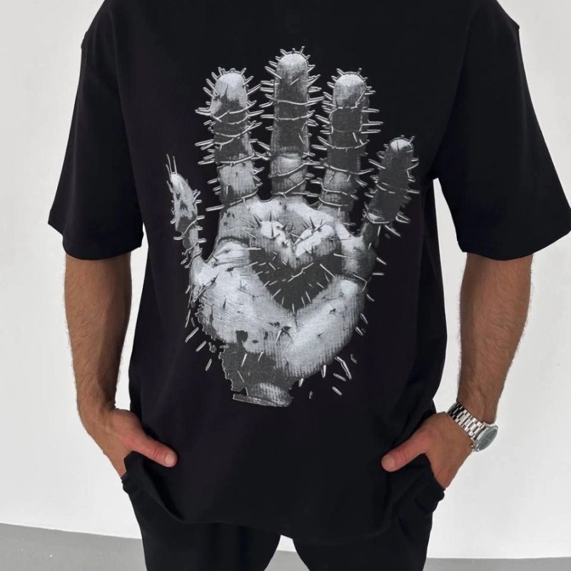 Erkek Baskılı T-Shirt Kısa Kol Bisiklet Yaka Regular Fit Rahat Kalıp Günlük Tişört - Siyah
