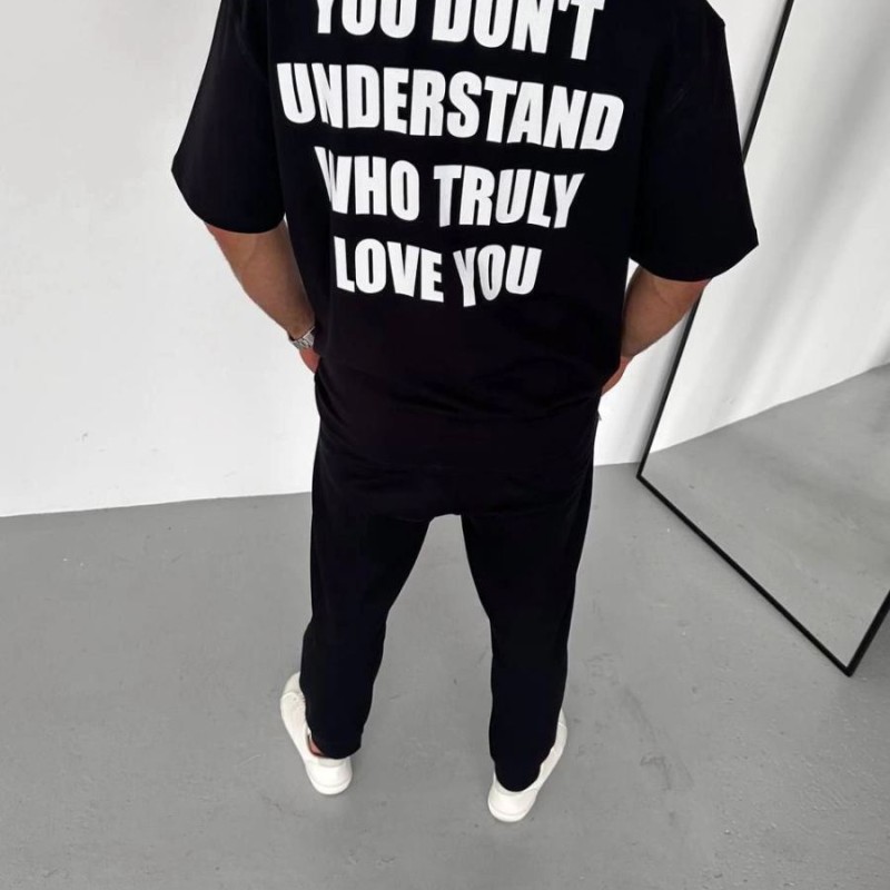 Erkek Baskılı T-Shirt Kısa Kol Bisiklet Yaka Regular Fit Rahat Kalıp Günlük Tişört - Siyah