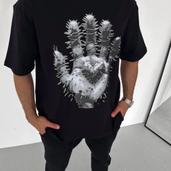 Erkek Baskılı T-Shirt Kısa Kol Bisiklet Yaka Regular Fit Rahat Kalıp Günlük Tişört - Siyah
