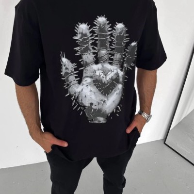 Erkek Baskılı T-Shirt Kısa Kol Bisiklet Yaka Regular Fit Rahat Kalıp Günlük Tişört - Siyah