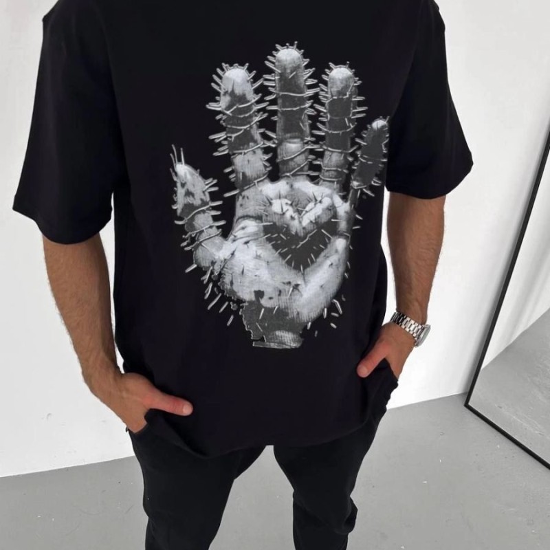 Erkek Baskılı T-Shirt Kısa Kol Bisiklet Yaka Regular Fit Rahat Kalıp Günlük Tişört - Siyah