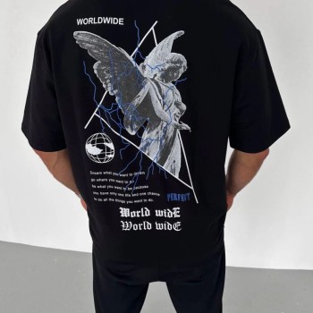 Erkek Baskılı T-Shirt Kısa Kol Bisiklet Yaka Regular Fit Rahat Kalıp Günlük Tişört - Siyah