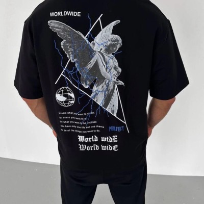 Erkek Baskılı T-Shirt Kısa Kol Bisiklet Yaka Regular Fit Rahat Kalıp Günlük Tişört - Siyah