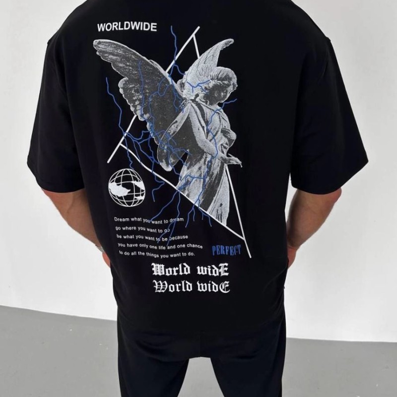 Erkek Baskılı T-Shirt Kısa Kol Bisiklet Yaka Regular Fit Rahat Kalıp Günlük Tişört - Siyah