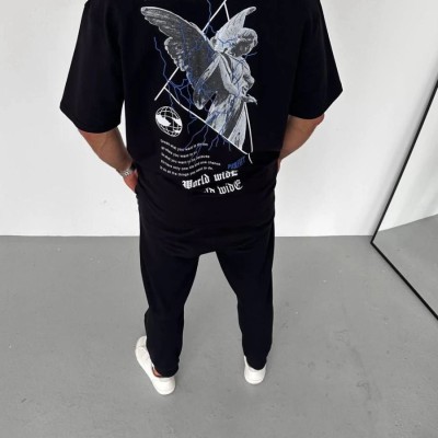 Erkek Baskılı T-Shirt Kısa Kol Bisiklet Yaka Regular Fit Rahat Kalıp Günlük Tişört - Siyah