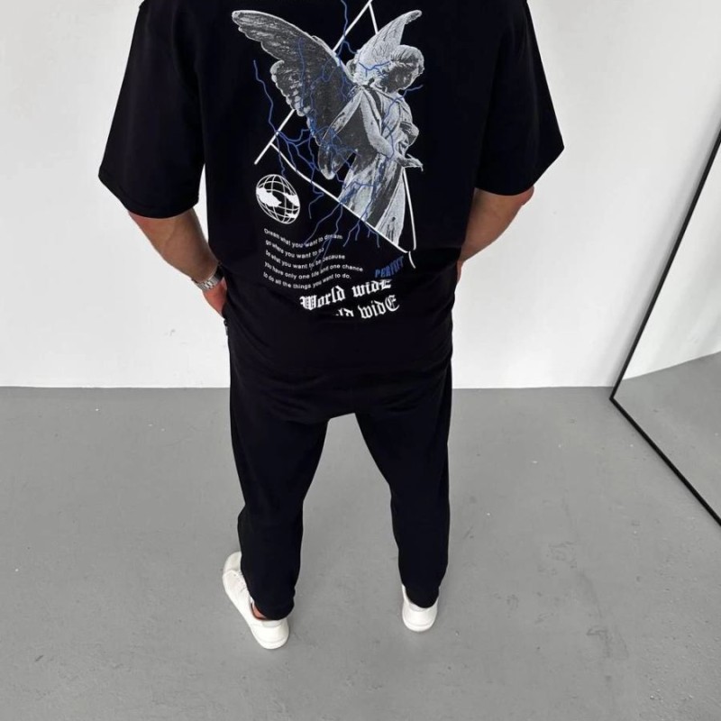 Erkek Baskılı T-Shirt Kısa Kol Bisiklet Yaka Regular Fit Rahat Kalıp Günlük Tişört - Siyah