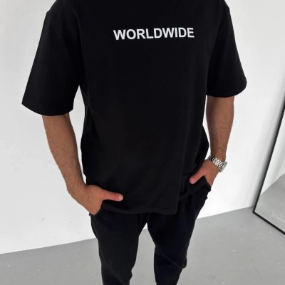 Erkek Baskılı T-Shirt Kısa Kol Bisiklet Yaka Regular Fit Rahat Kalıp Günlük Tişört - Siyah