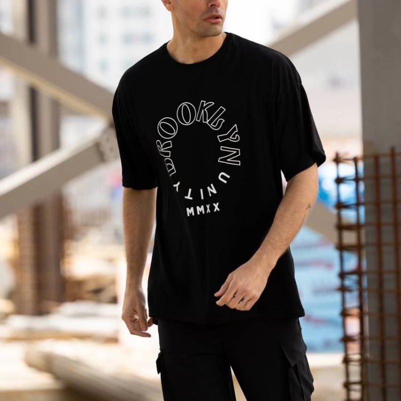 Erkek Baskılı T-Shirt Kısa Kol Bisiklet Yaka Regular Fit Rahat Kalıp Günlük Tişört - Siyah