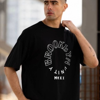 Erkek Baskılı T-Shirt Kısa Kol Bisiklet Yaka Regular Fit Rahat Kalıp Günlük Tişört - Siyah