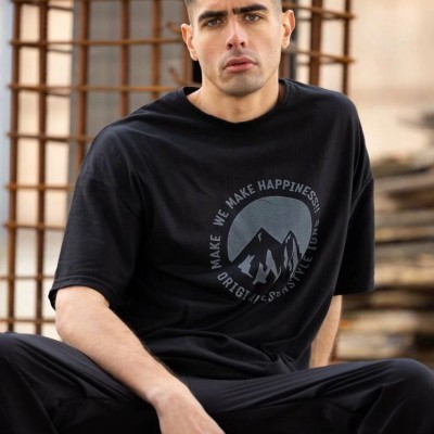 Erkek Baskılı T-Shirt Kısa Kol Bisiklet Yaka Regular Fit Rahat Kalıp Günlük Tişört - Siyah