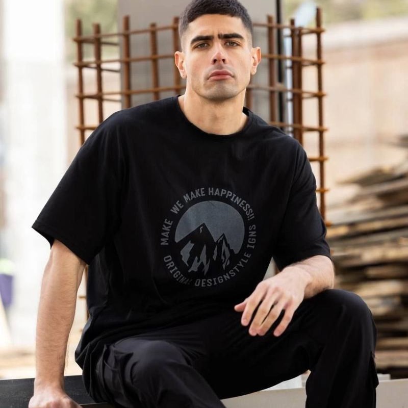 Erkek Baskılı T-Shirt Kısa Kol Bisiklet Yaka Regular Fit Rahat Kalıp Günlük Tişört - Siyah