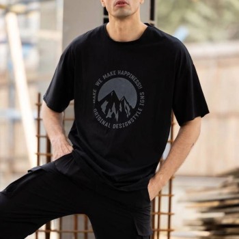 Erkek Baskılı T-Shirt Kısa Kol Bisiklet Yaka Regular Fit Rahat Kalıp Günlük Tişört - Siyah