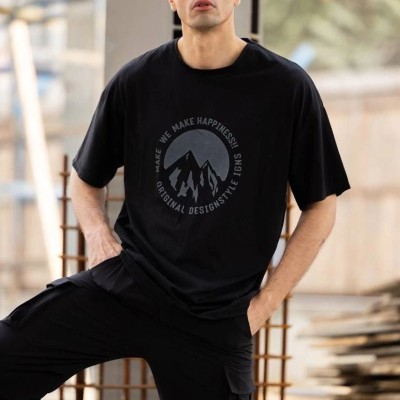 Erkek Baskılı T-Shirt Kısa Kol Bisiklet Yaka Regular Fit Rahat Kalıp Günlük Tişört - Siyah