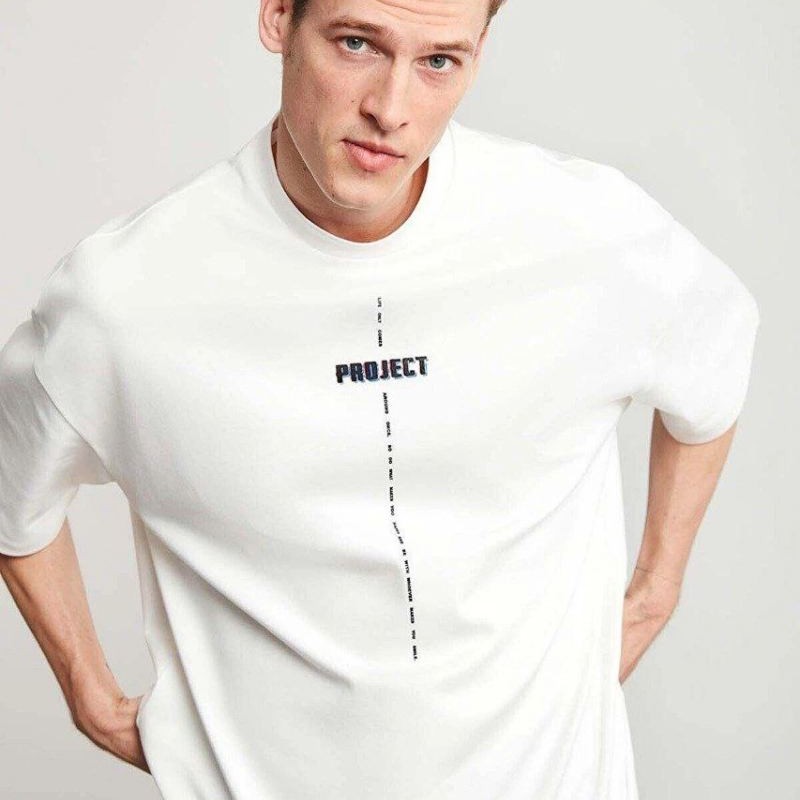 Erkek Baskılı T-Shirt Kısa Kol Bisiklet Yaka Regular Fit Rahat Kalıp Tişört - Beyaz
