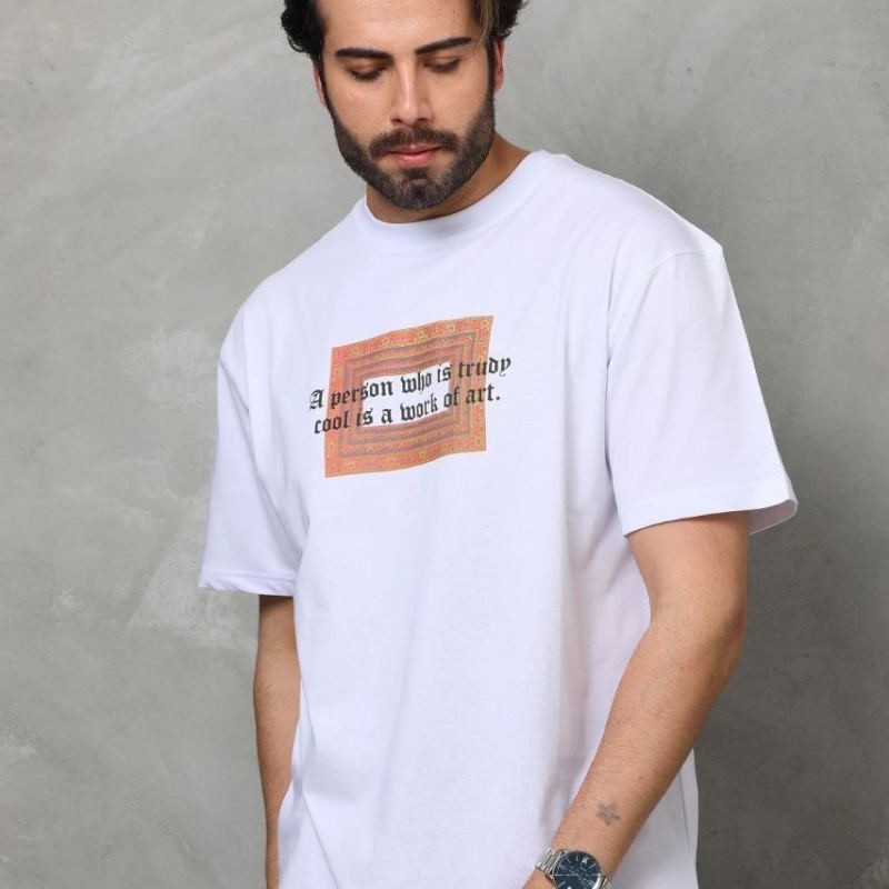 Erkek Baskılı T-Shirt Kısa Kol Bisiklet Yaka Regular Fit Rahat Kalıp Tişört -  Beyaz