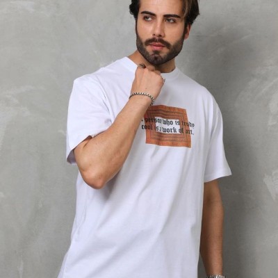 Erkek Baskılı T-Shirt Kısa Kol Bisiklet Yaka Regular Fit Rahat Kalıp Tişört -  Beyaz