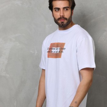 Erkek Baskılı T-Shirt Kısa Kol Bisiklet Yaka Regular Fit Rahat Kalıp Tişört -  Beyaz