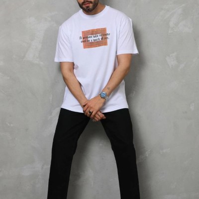 Erkek Baskılı T-Shirt Kısa Kol Bisiklet Yaka Regular Fit Rahat Kalıp Tişört -  Beyaz
