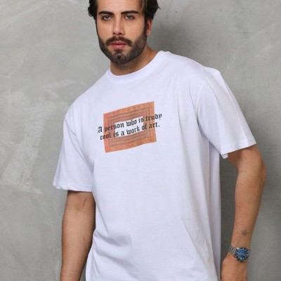 Erkek Baskılı T-Shirt Kısa Kol Bisiklet Yaka Regular Fit Rahat Kalıp Tişört -  Beyaz