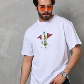 Erkek Baskılı T-Shirt Kısa Kol Bisiklet Yaka Regular Fit Rahat Kalıp Tişört -  Beyaz