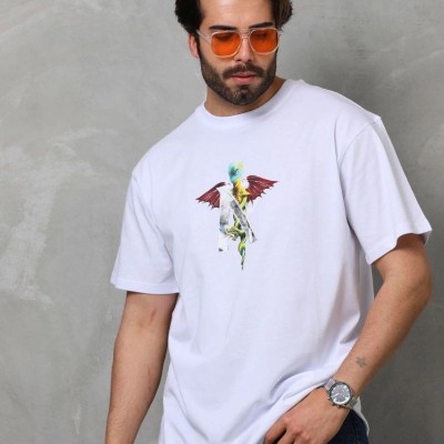 Erkek Baskılı T-Shirt Kısa Kol Bisiklet Yaka Regular Fit Rahat Kalıp Tişört -  Beyaz