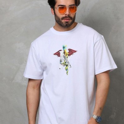 Erkek Baskılı T-Shirt Kısa Kol Bisiklet Yaka Regular Fit Rahat Kalıp Tişört -  Beyaz