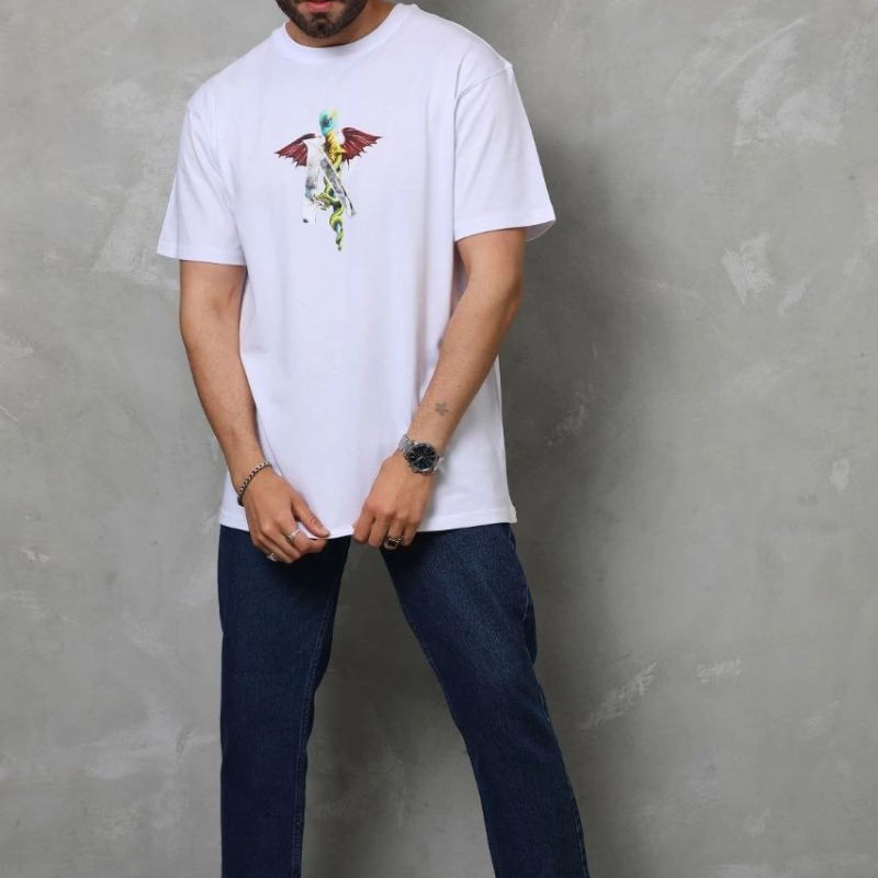 Erkek Baskılı T-Shirt Kısa Kol Bisiklet Yaka Regular Fit Rahat Kalıp Tişört -  Beyaz