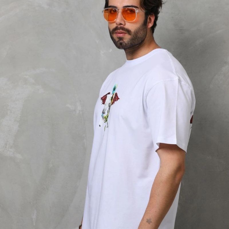 Erkek Baskılı T-Shirt Kısa Kol Bisiklet Yaka Regular Fit Rahat Kalıp Tişört -  Beyaz