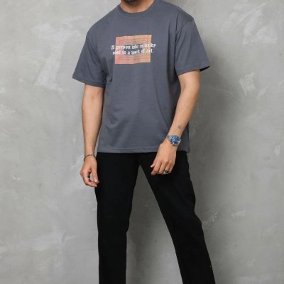 Erkek Baskılı T-Shirt Kısa Kol Bisiklet Yaka Regular Fit Rahat Kalıp Tişört -  Füme
