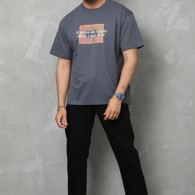 Erkek Baskılı T-Shirt Kısa Kol Bisiklet Yaka Regular Fit Rahat Kalıp Tişört -  Füme