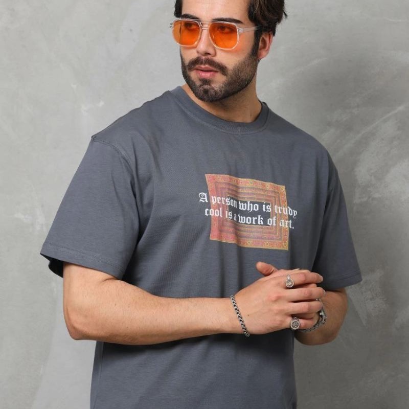 Erkek Baskılı T-Shirt Kısa Kol Bisiklet Yaka Regular Fit Rahat Kalıp Tişört -  Füme