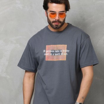 Erkek Baskılı T-Shirt Kısa Kol Bisiklet Yaka Regular Fit Rahat Kalıp Tişört -  Füme