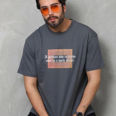 Erkek Baskılı T-Shirt Kısa Kol Bisiklet Yaka Regular Fit Rahat Kalıp Tişört -  Füme