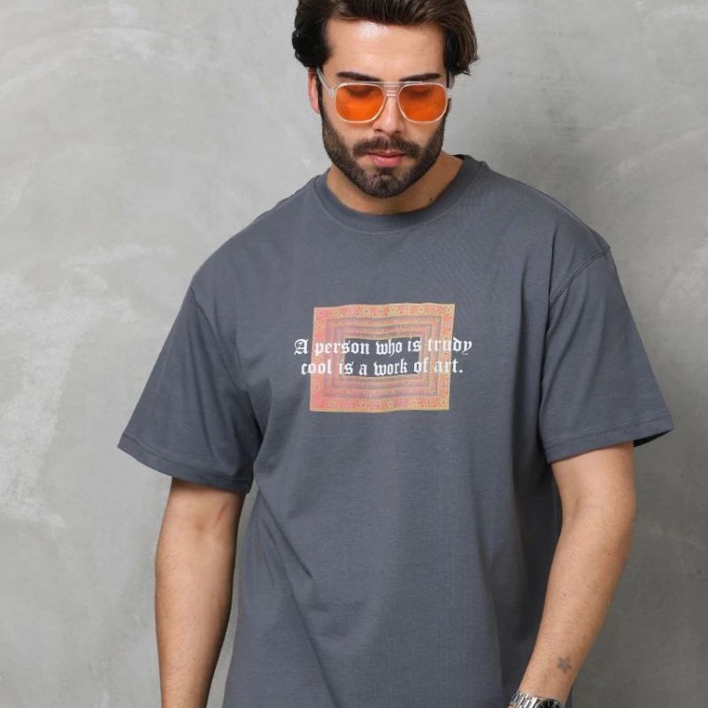 Erkek Baskılı T-Shirt Kısa Kol Bisiklet Yaka Regular Fit Rahat Kalıp Tişört -  Füme