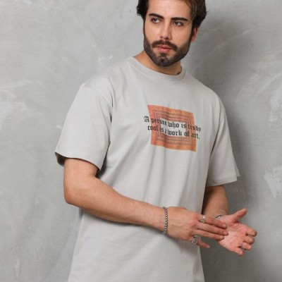 Erkek Baskılı T-Shirt Kısa Kol Bisiklet Yaka Regular Fit Rahat Kalıp Tişört -  Gri