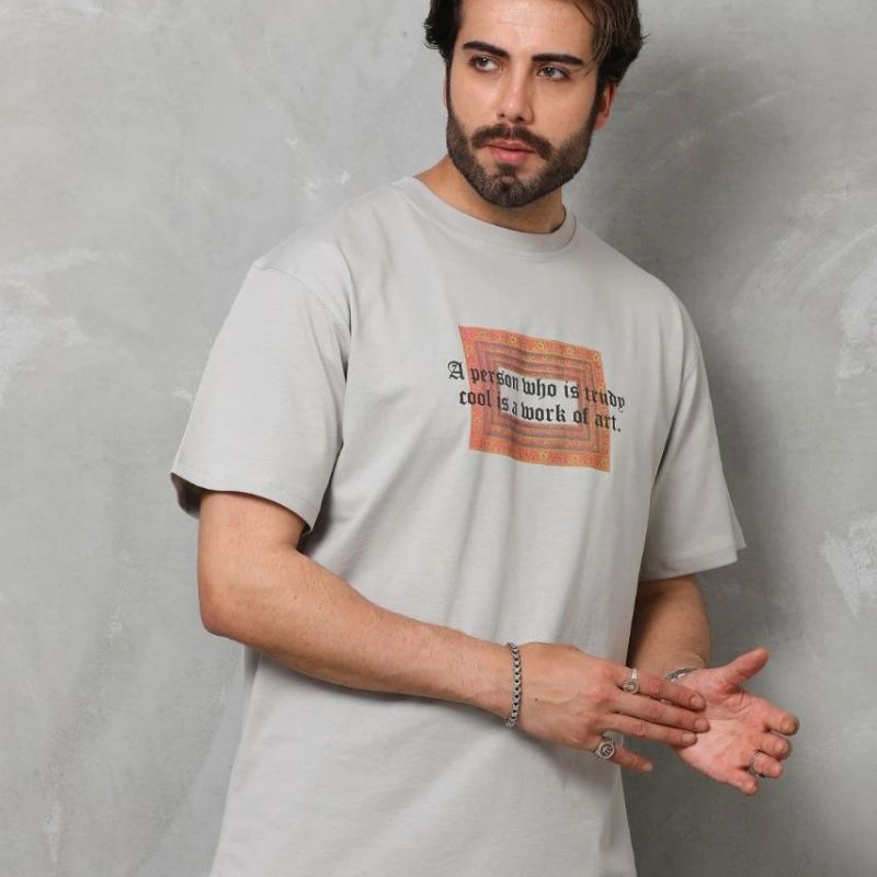 Erkek Baskılı T-Shirt Kısa Kol Bisiklet Yaka Regular Fit Rahat Kalıp Tişört -  Gri