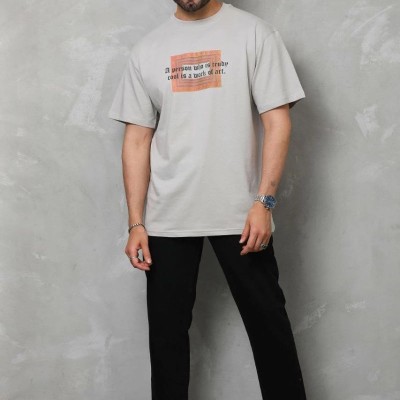 Erkek Baskılı T-Shirt Kısa Kol Bisiklet Yaka Regular Fit Rahat Kalıp Tişört -  Gri