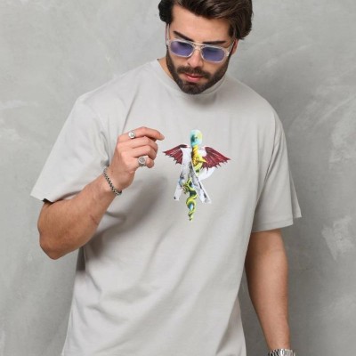 Erkek Baskılı T-Shirt Kısa Kol Bisiklet Yaka Regular Fit Rahat Kalıp Tişört -  Gri