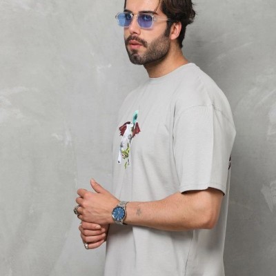Erkek Baskılı T-Shirt Kısa Kol Bisiklet Yaka Regular Fit Rahat Kalıp Tişört -  Gri
