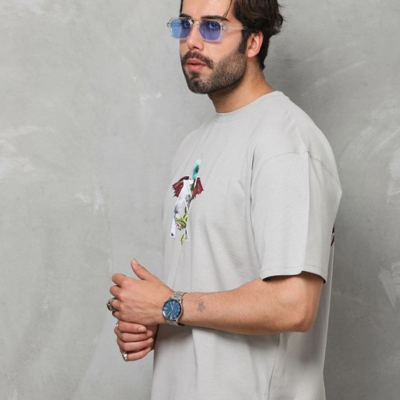 Erkek Baskılı T-Shirt Kısa Kol Bisiklet Yaka Regular Fit Rahat Kalıp Tişört -  Gri