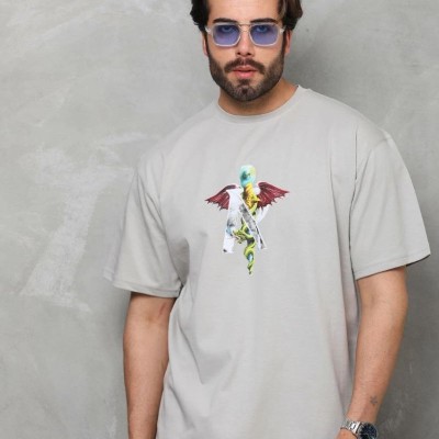 Erkek Baskılı T-Shirt Kısa Kol Bisiklet Yaka Regular Fit Rahat Kalıp Tişört -  Gri