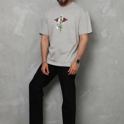 Erkek Baskılı T-Shirt Kısa Kol Bisiklet Yaka Regular Fit Rahat Kalıp Tişört -  Gri