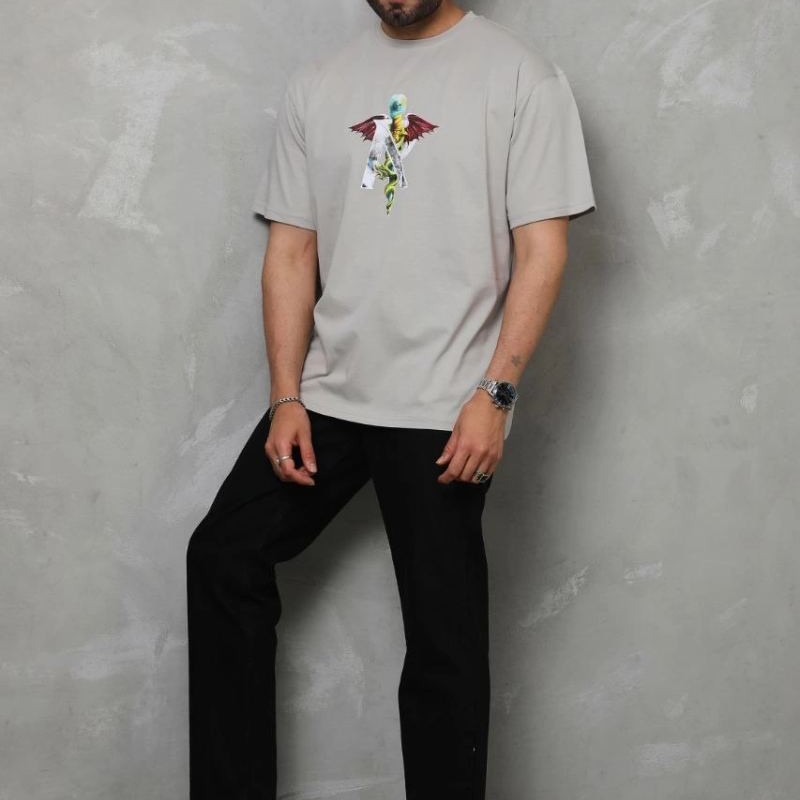 Erkek Baskılı T-Shirt Kısa Kol Bisiklet Yaka Regular Fit Rahat Kalıp Tişört -  Gri