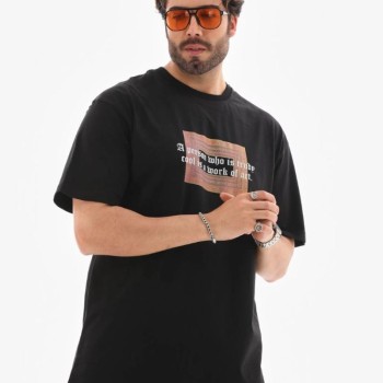 Erkek Baskılı T-Shirt Kısa Kol Bisiklet Yaka Regular Fit Rahat Kalıp Tişört -  Siyah